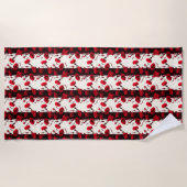 黒エレガント赤ヴィンテージフローラカーネーションストライプの ビーチタオル (正面)