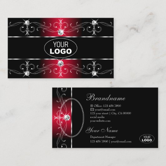 黒エレガント赤華美縁ど宝石ロゴ写真 名刺 (正面/裏面)