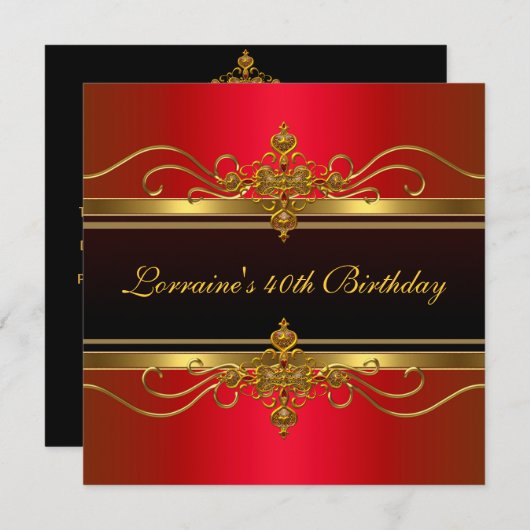 黒エレガント赤金ゴールド宝石40歳の誕生日 招待状 (正面/裏面)