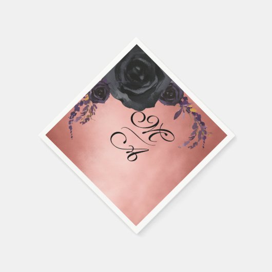 黒エレガント赤面フローラモノグラム結婚ズ スタンダードカクテルナプキン (角)