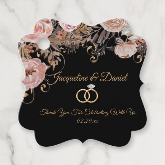 黒エレガント赤面水彩バラ金ゴールドフローラ フェイバータグ (正面)