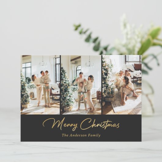 黒エレガント金の箔の写真メリークリスマス シーズンカード (スタンド正面)