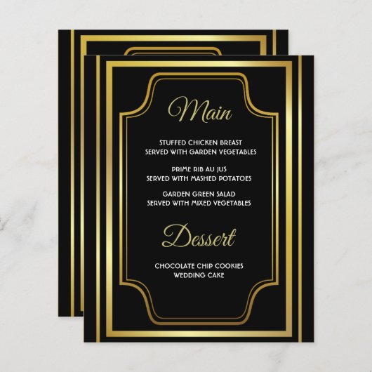 黒エレガント金ゴールドの結婚メニューカード (正面/裏面)