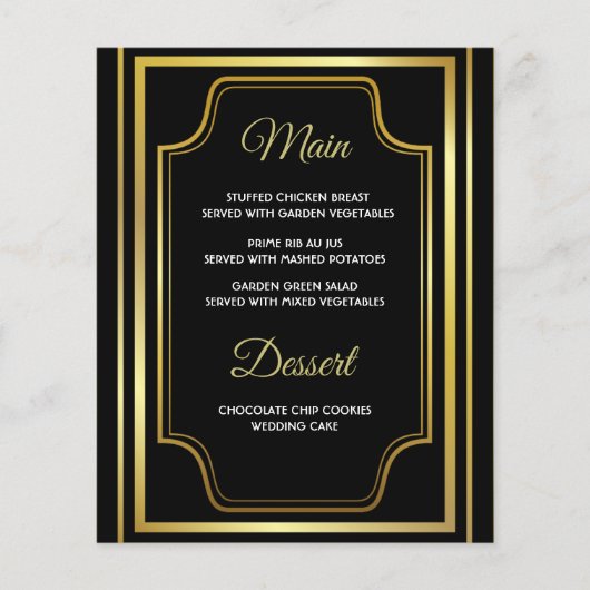 黒エレガント金ゴールドの結婚メニューカード (正面)