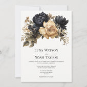 黒エレガント金ゴールドアイボリー牡丹結婚フローラ 招待状 (正面)