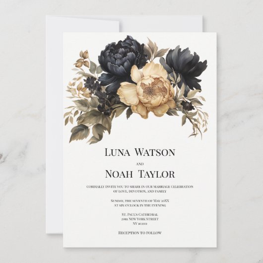 黒エレガント金ゴールドアイボリー牡丹結婚フローラ 招待状 (正面)