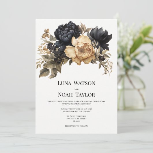 黒エレガント金ゴールドアイボリー牡丹結婚フローラ 招待状 (スタンド正面)