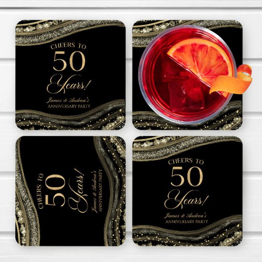 黒エレガント金ゴールドアガテ50周年記念パーティー スクエアペーパーコースター