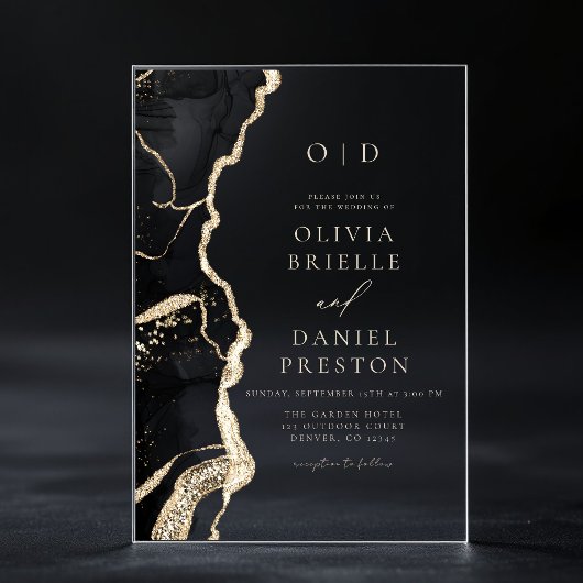 黒エレガント金ゴールドアゲテ結婚トのモノグラム アクリル招待状