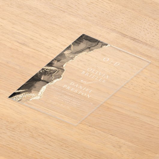 黒エレガント金ゴールドアゲテ結婚トのモノグラム アクリル招待状 (レイダウン)