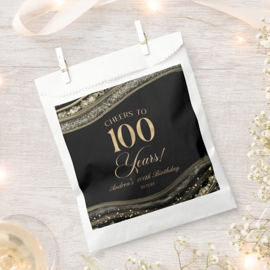 黒エレガント金ゴールドアゲート100th誕生日パーティー フェイバーバッグ (クリップ留めされた状態)