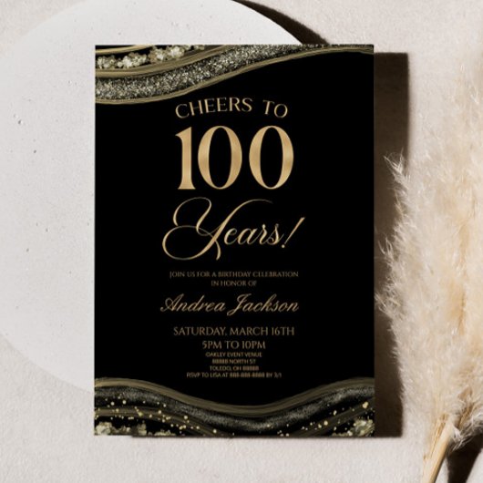 黒エレガント金ゴールドアゲート100th誕生日パーティー 招待状