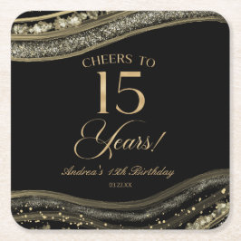 黒エレガント金ゴールドアゲート15th誕生日パーティー スクエアペーパーコースター