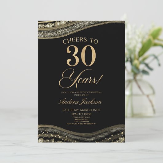 黒エレガント金ゴールドアゲート30歳の誕生日パーティー 招待状 (スタンド正面)