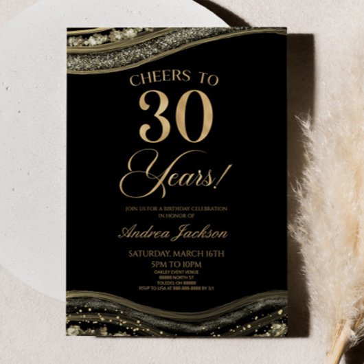 黒エレガント金ゴールドアゲート30歳の誕生日パーティー 招待状