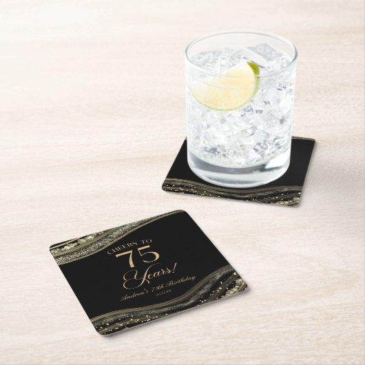 黒エレガント金ゴールドアゲート75th誕生日パーティー スクエアペーパーコースター (インサイチュ)