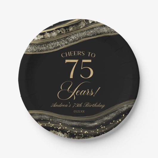 黒エレガント金ゴールドアゲート75th誕生日パーティー ペーパープレート (正面)