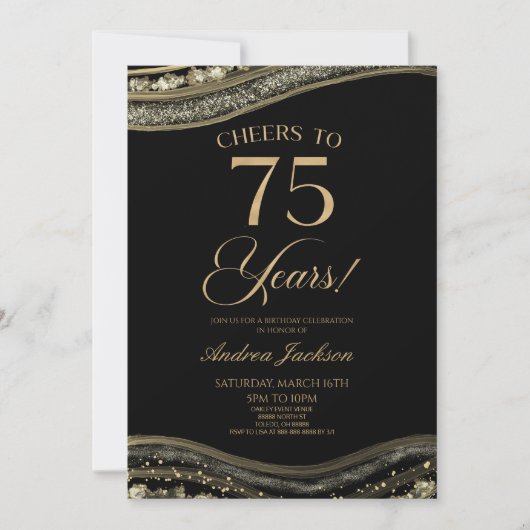 黒エレガント金ゴールドアゲート75th誕生日パーティー 招待状 (正面)