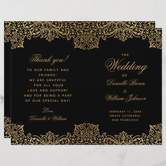 黒エレガント金ゴールドアンティーク折り畳み結婚式 プログラム (正面/裏面)