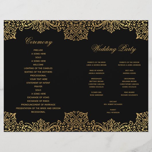 黒エレガント金ゴールドアンティーク折り畳み結婚式 プログラム (裏面)