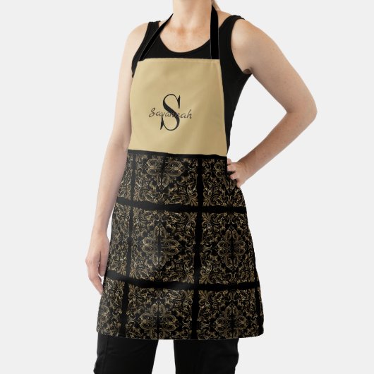 黒エレガント金ゴールドアールデコデザインモノグラム エプロン (インサイチュ)