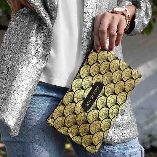 黒エレガント金ゴールドアールデコパタパーソナライズされたーン アクセサリーポーチ