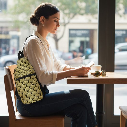 黒エレガント金ゴールドアールデコヴィンテージファンパターン スリングバッグ