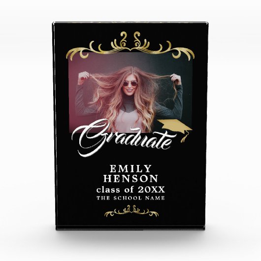 黒エレガント金ゴールドオーナメント卒業 フォトブロック (正面)