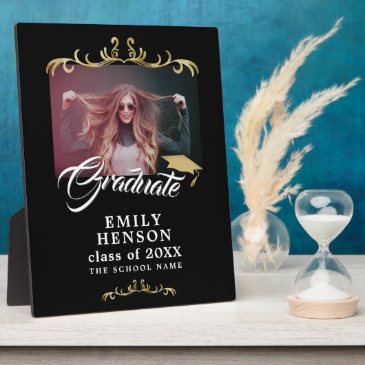 黒エレガント金ゴールドオーナメント大学院卒業写真 フォトプラーク (側面)