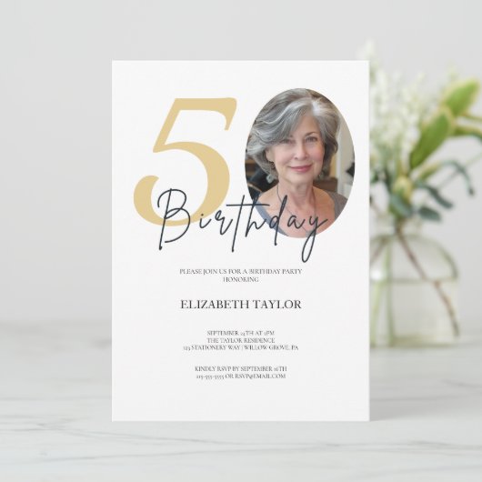 黒エレガント金ゴールドカスタム写真50誕生日 招待状 (スタンド正面)