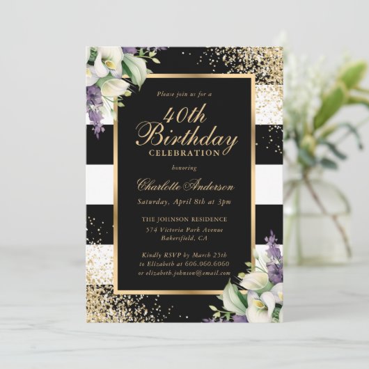 黒エレガント金ゴールドカラリリー40歳の誕生日 招待状 (スタンド正面)