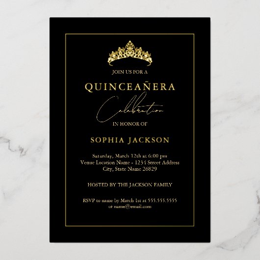 黒エレガント金ゴールドキンセアニェラ15日 箔招待状 (正面)