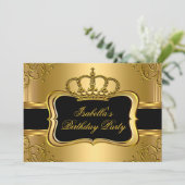 黒エレガント金ゴールドクラウンフローラ誕生日パーティー3 招待状 (スタンド正面)