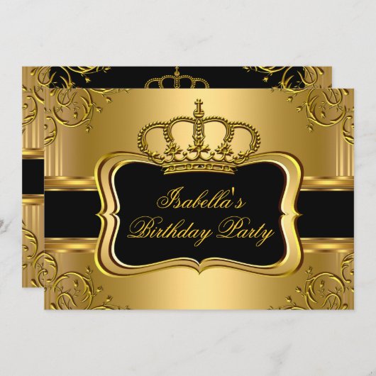 黒エレガント金ゴールドクラウンフローラ誕生日パーティー3 招待状 (正面/裏面)