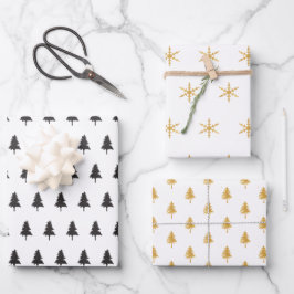 黒エレガント金ゴールドクリスマスツリーパターンギフト ラッピングペーパーシート
