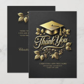 黒エレガント金ゴールドグラッドキャップリーフ卒業 サンキューカード (正面/裏面)