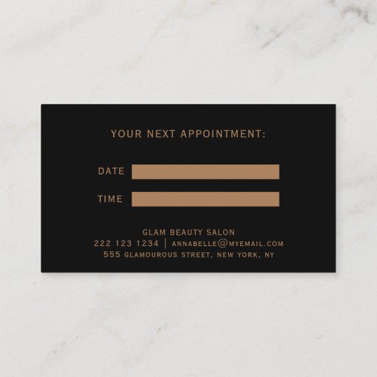 黒エレガント金ゴールドグラム毛立てヘアサロン 予約カード (裏面)