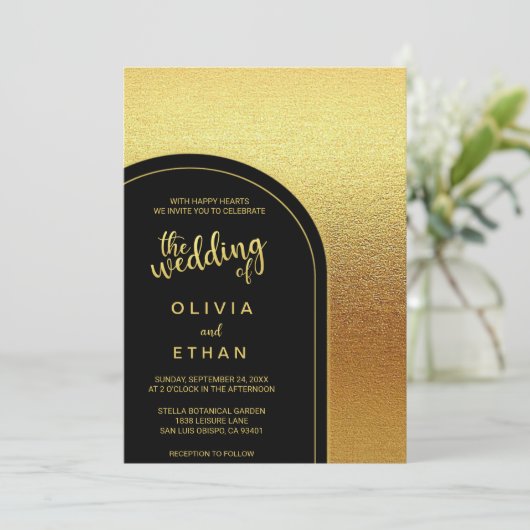 黒エレガント金ゴールドグリッターシック結婚式招待状 招待状 (スタンド正面)