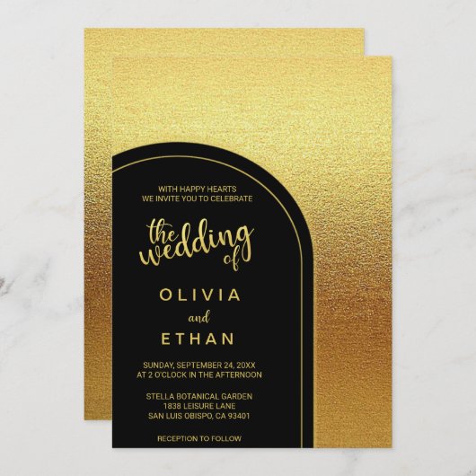 黒エレガント金ゴールドグリッターシック結婚式招待状 招待状 (正面/裏面)
