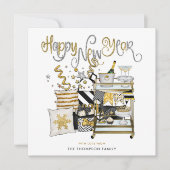 黒エレガント金ゴールドグリッタースクリプト新年おめでとう シーズンカード (正面)