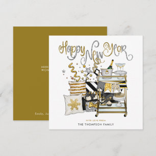 黒エレガント金ゴールドグリッタースクリプト新年おめでとう シーズンカード