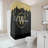 黒エレガント金ゴールドグリッタードリップモノグラムスクリプト シャワーカーテン (インサイチュ)