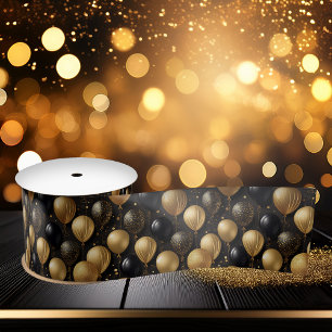 黒エレガント金ゴールドグリッターバルーンのパターンA021 サテンリボン