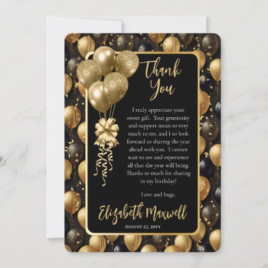 黒エレガント金ゴールドグリッターバルーン誕生日 サンキューカード (正面)
