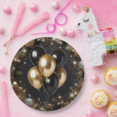 黒エレガント金ゴールドグリッターバルーン誕生日 ペーパープレート (パーティー)