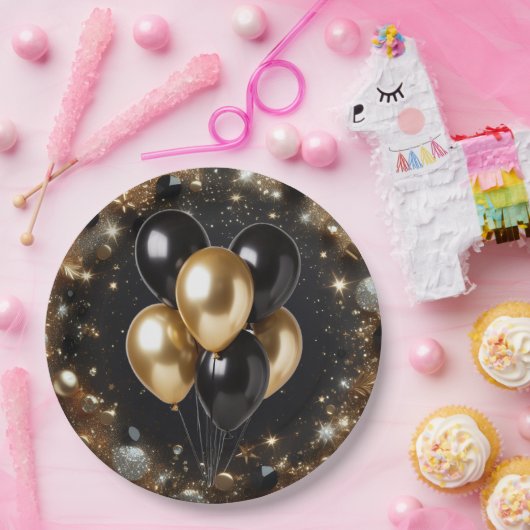 黒エレガント金ゴールドグリッターバルーン誕生日 ペーパープレート (パーティー)
