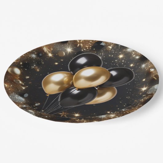 黒エレガント金ゴールドグリッターバルーン誕生日 ペーパープレート (アングル)