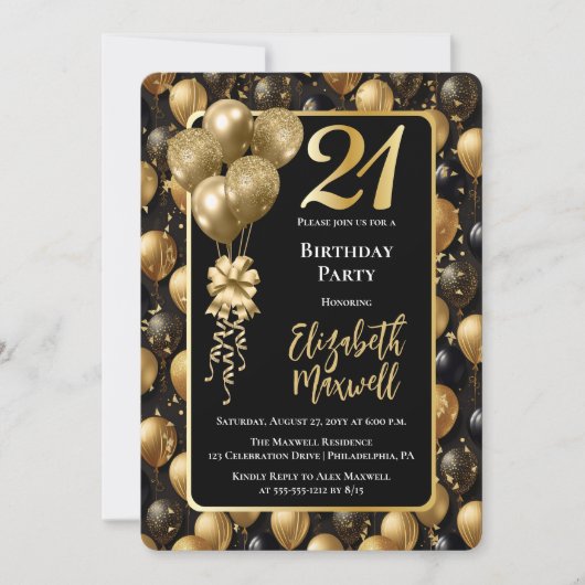 黒エレガント金ゴールドグリッターバルーン21歳 招待状 (正面)