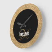 黒エレガント金ゴールドグリッターモノグラム姓 ラージ壁時計 (傾斜)