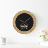黒エレガント金ゴールドグリッターモノグラム姓 ラージ壁時計 (ホーム)